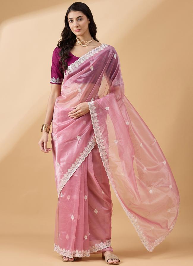 Organza Baby Pink Festival Wear Embroidery Work Saree